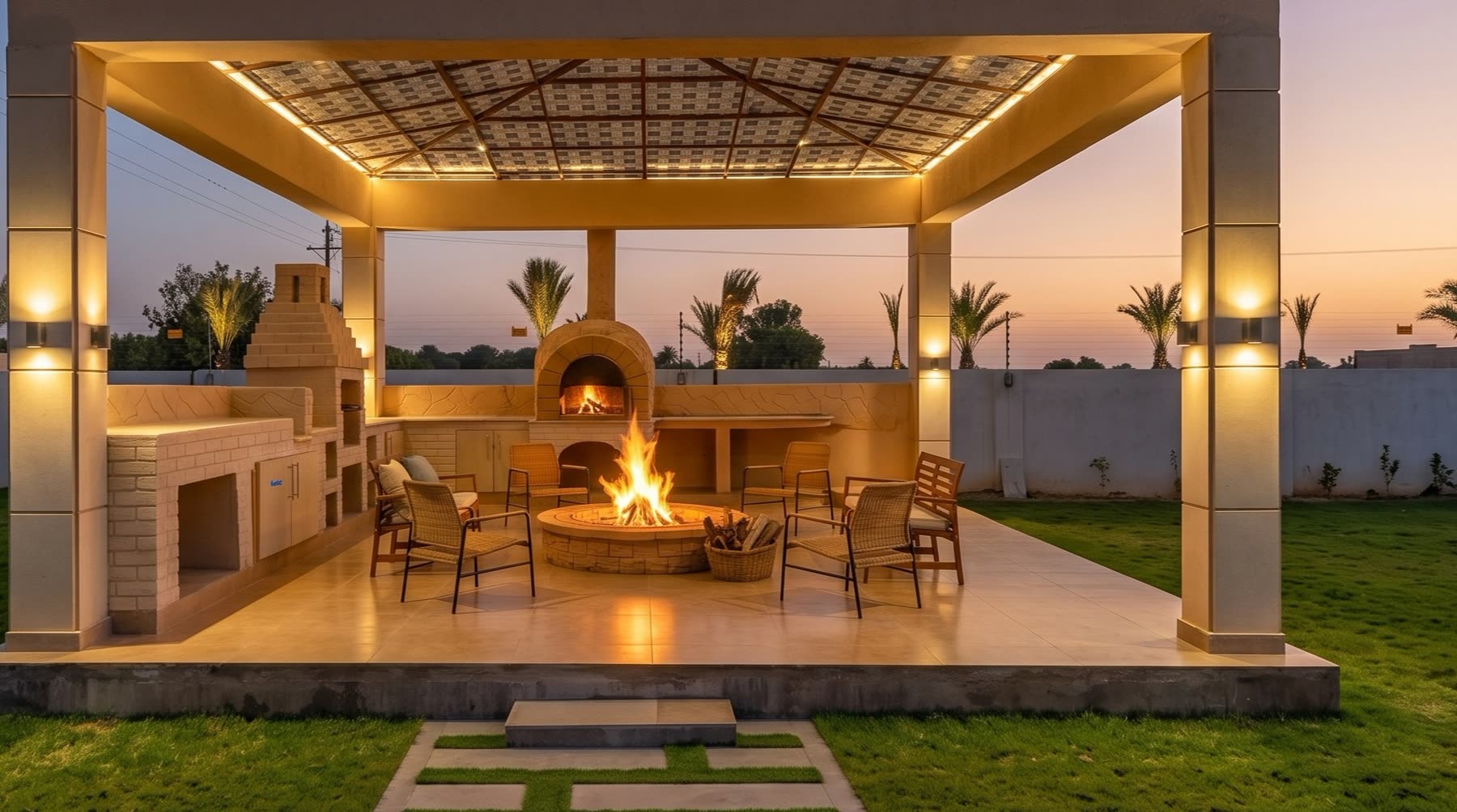 The covered grill pavilion at dusk: a lit pergola over a circular fire pit in full flame, a domed tandoor oven behind it, chairs drawn up around, with palm trees and an apricot sky beyond.